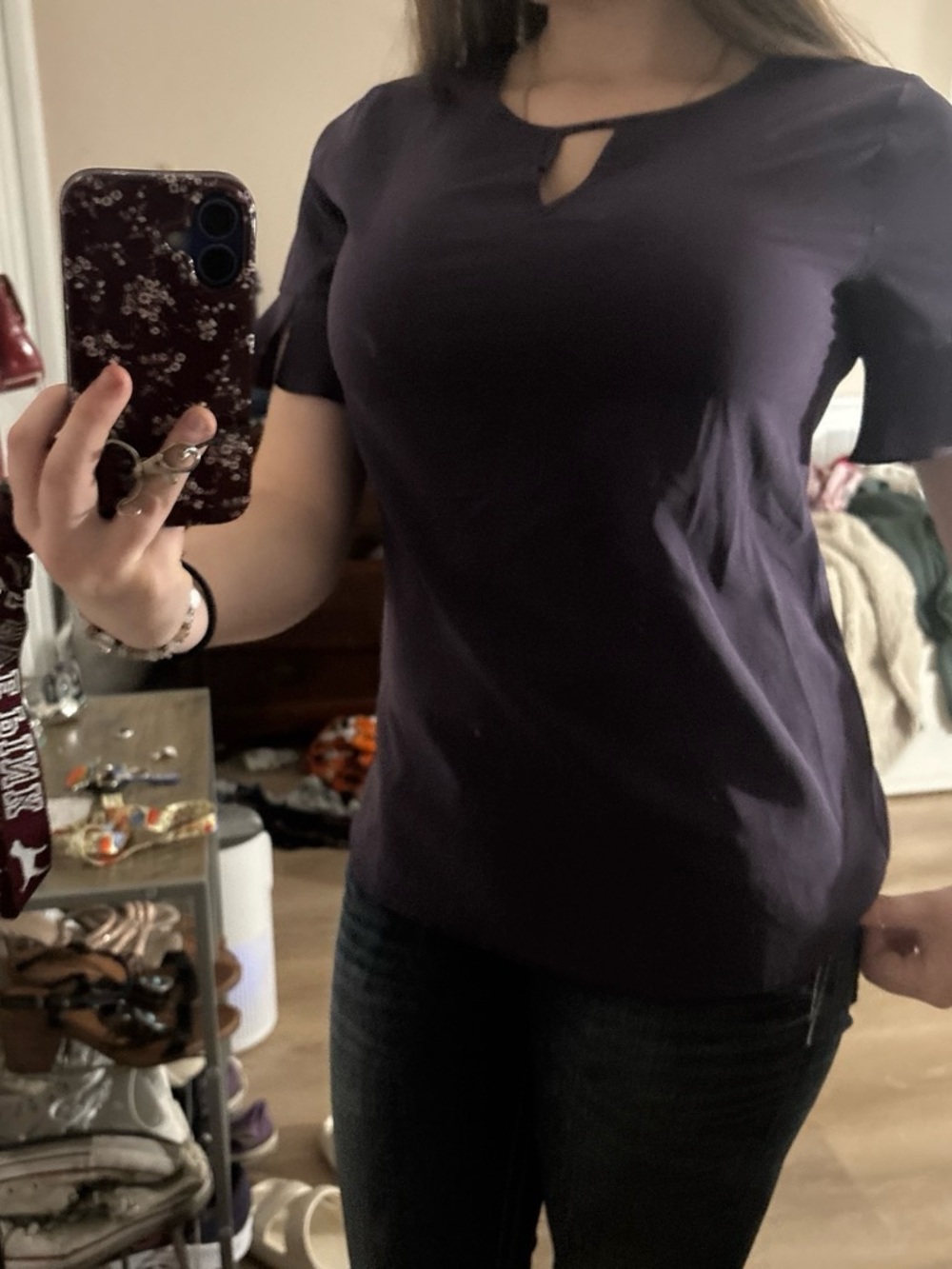 Van Heusen Short-Sleeve Keyhole Top in Plum